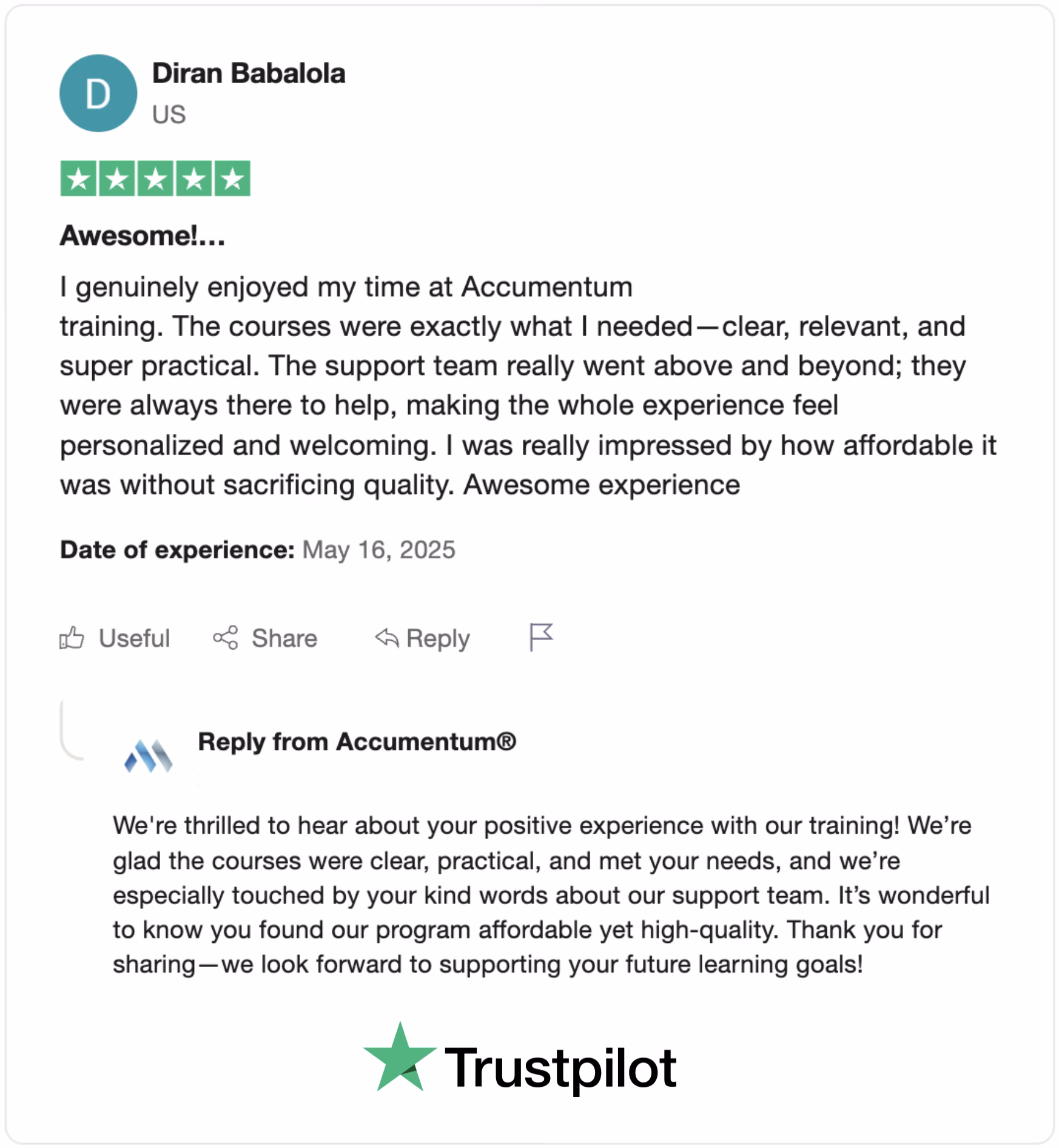 TrustPilot Review from Client to Accumentum about thier Excellent Training Experience with Certification Training